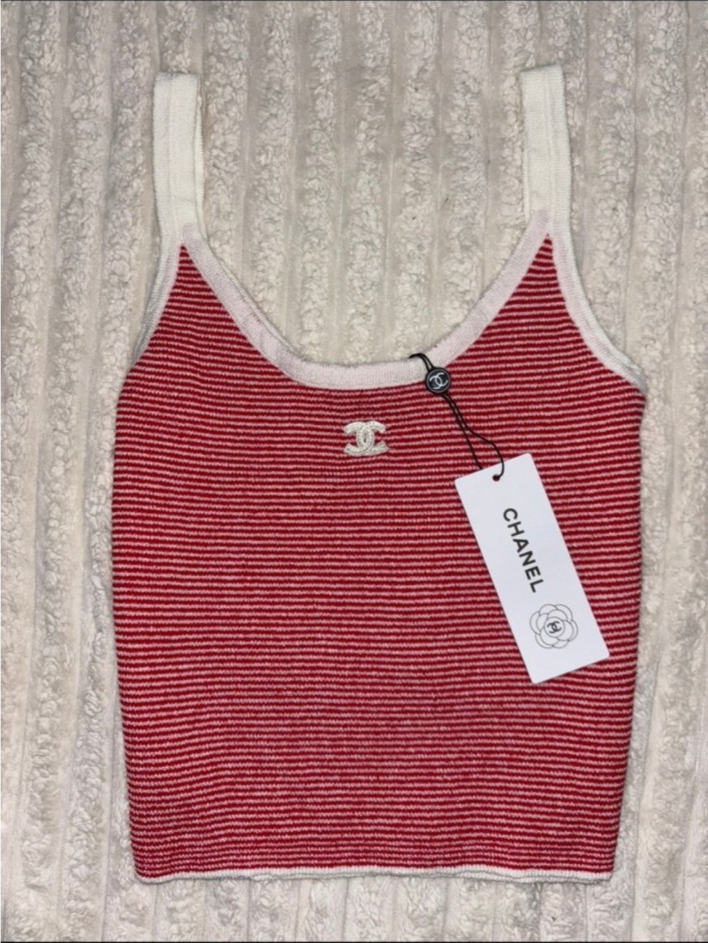 CHANEL Red & White Striped Knit Crop Tank